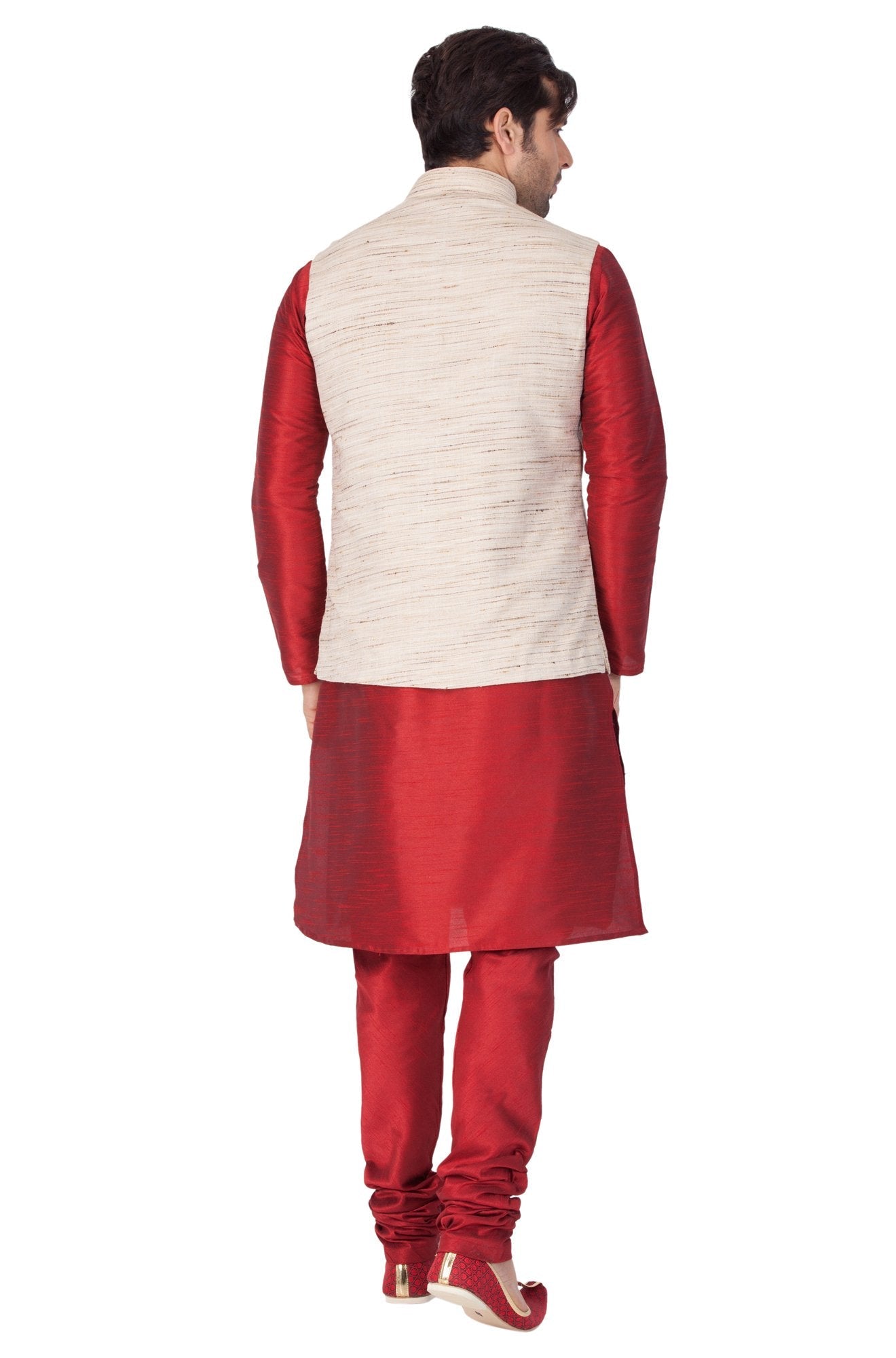 Men's Maroon Cotton Silk Blend Kurta, Ethnic Jacket and Pyjama Set