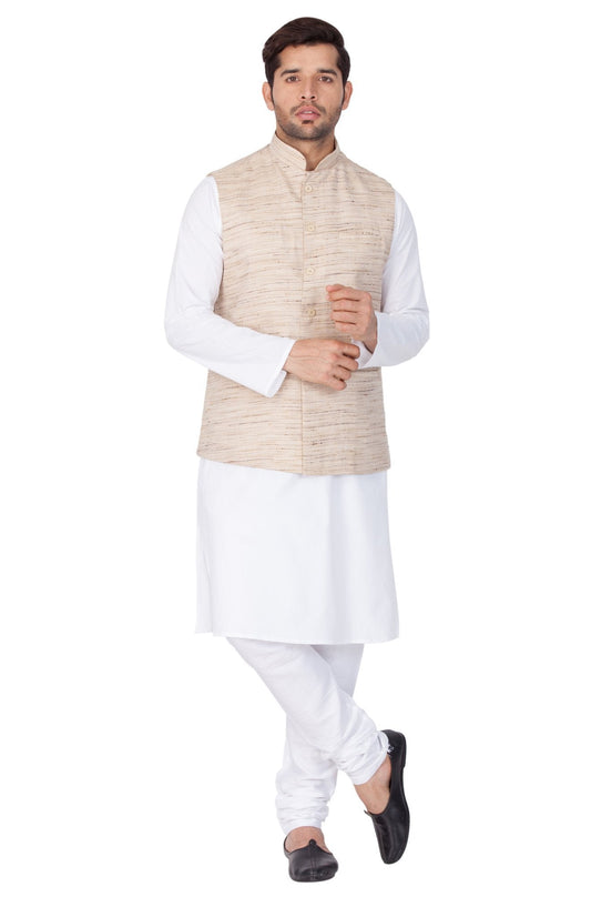 Men's White Cotton Blend Kurta, Ethnic Jacket and Pyjama Set