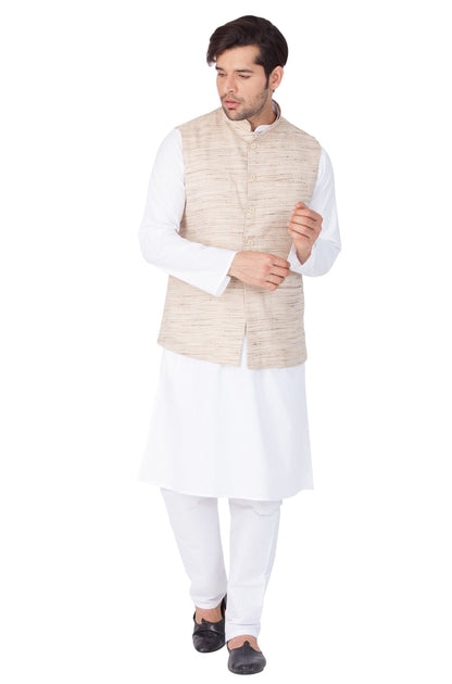 Men's White Cotton Blend Kurta, Ethnic Jacket and Pyjama Set