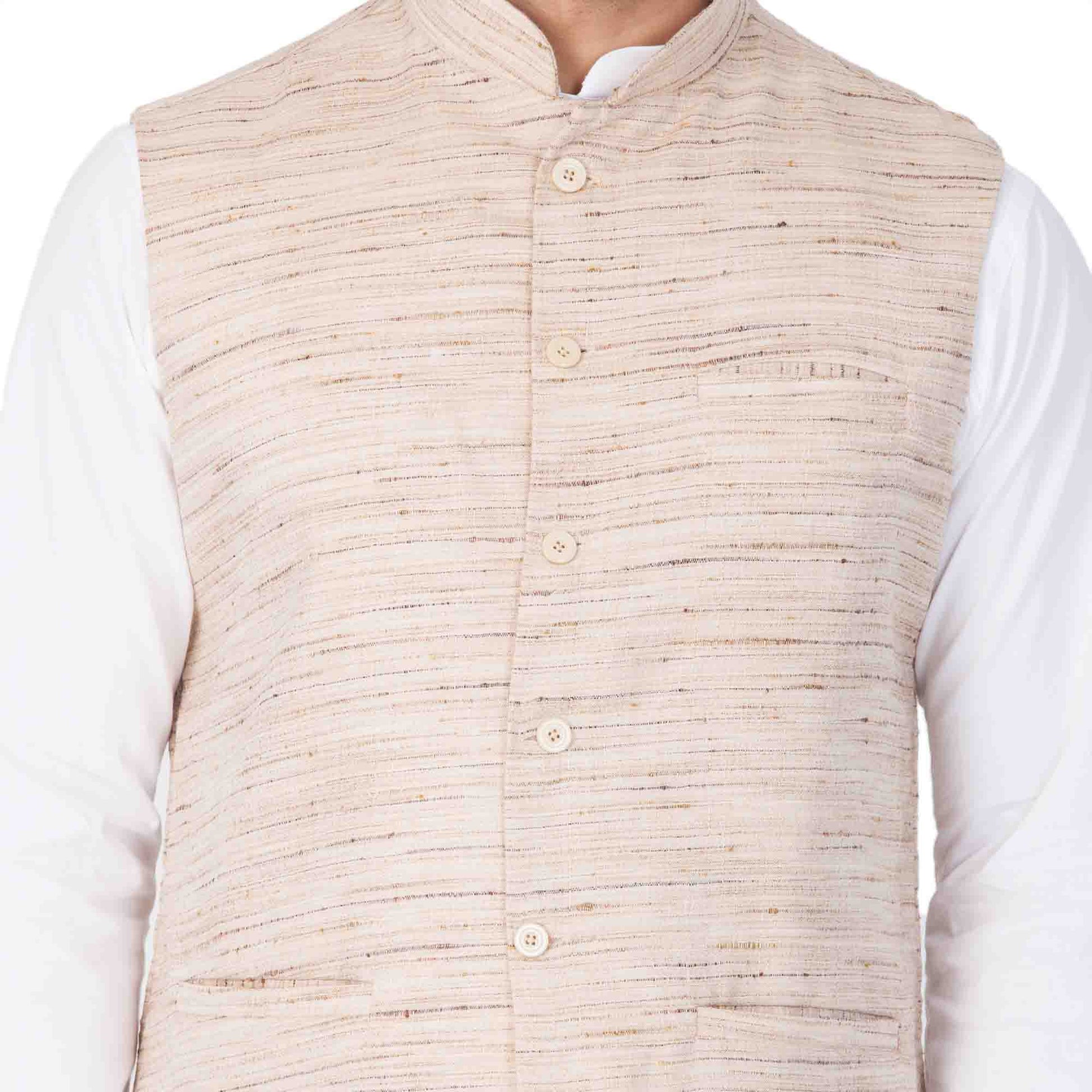 Men's White Cotton Blend Kurta, Ethnic Jacket and Pyjama Set