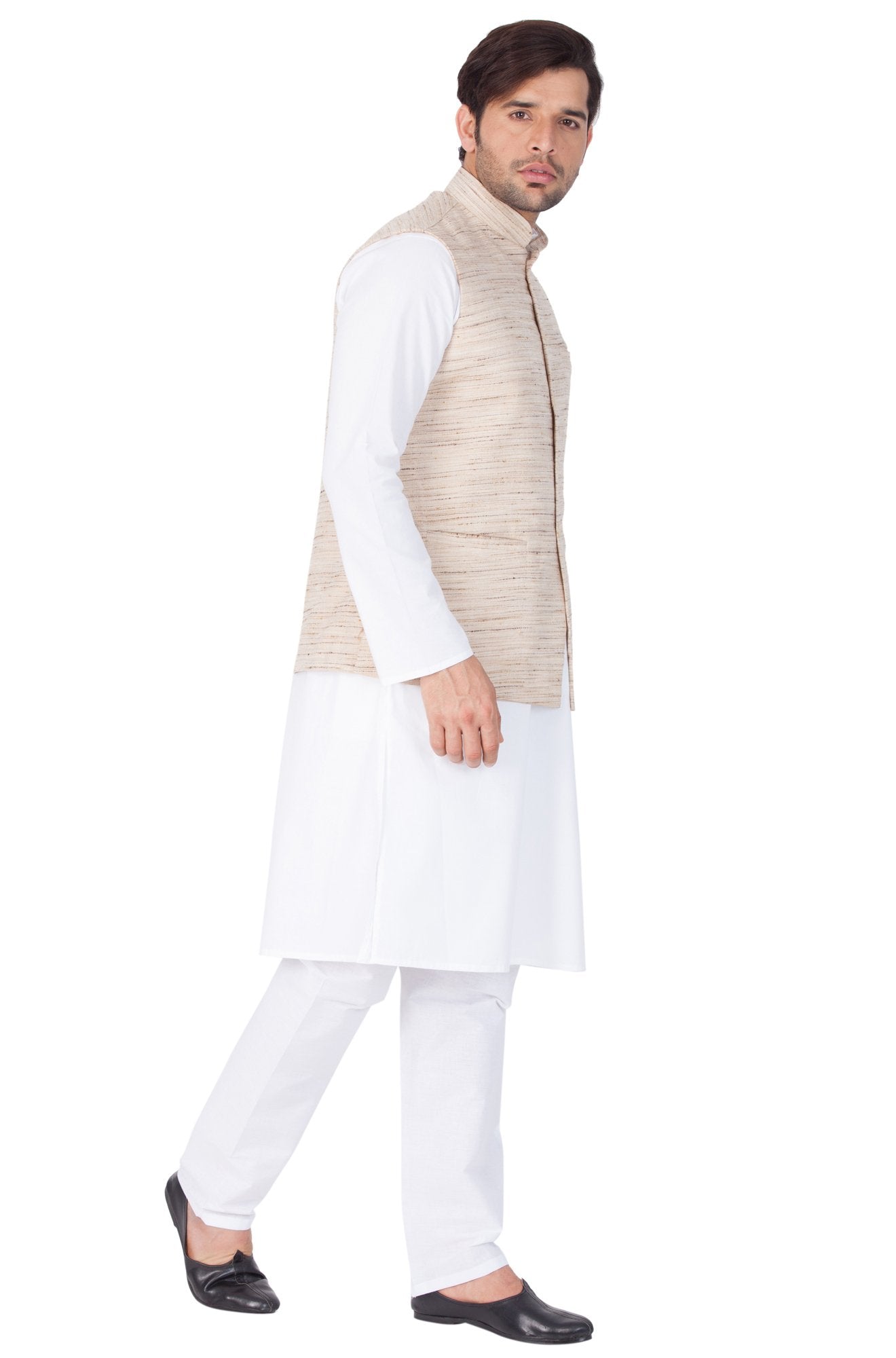 Men's White Cotton Blend Kurta, Ethnic Jacket and Pyjama Set