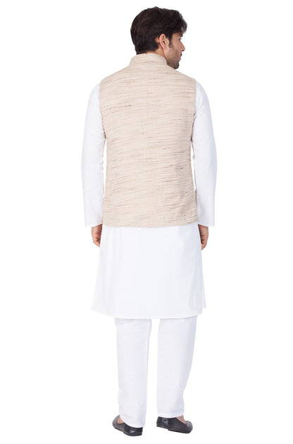 Men's White Cotton Blend Kurta, Ethnic Jacket and Pyjama Set