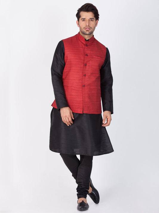 Men's Black Cotton Silk Blend Kurta, Ethnic Jacket and Pyjama Set