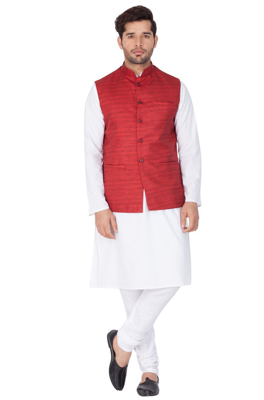 Men's White Cotton Blend Kurta, Ethnic Jacket and Pyjama Set