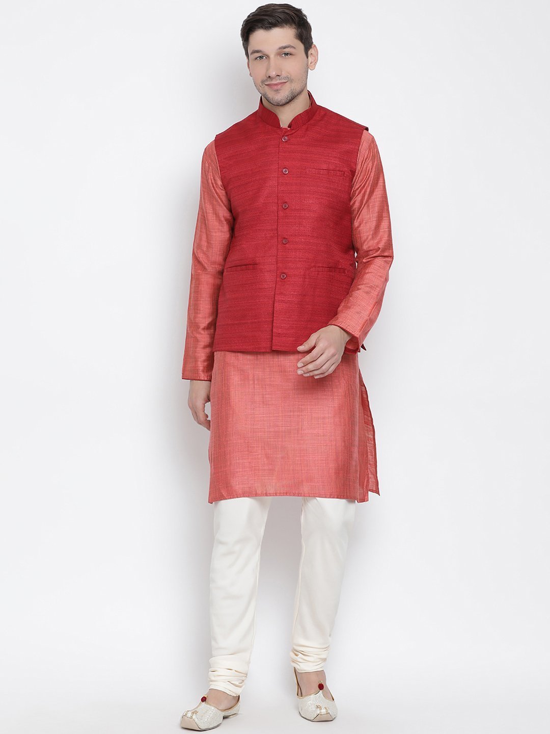 Men's Pink Cotton Silk Blend Kurta, Ethnic Jacket and Pyjama Set