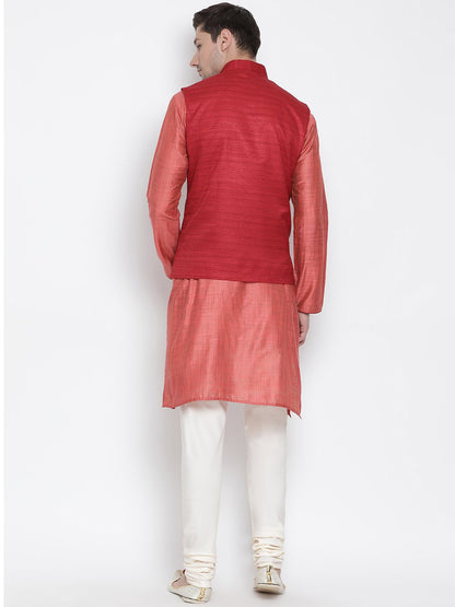 Men's Pink Cotton Silk Blend Kurta, Ethnic Jacket and Pyjama Set