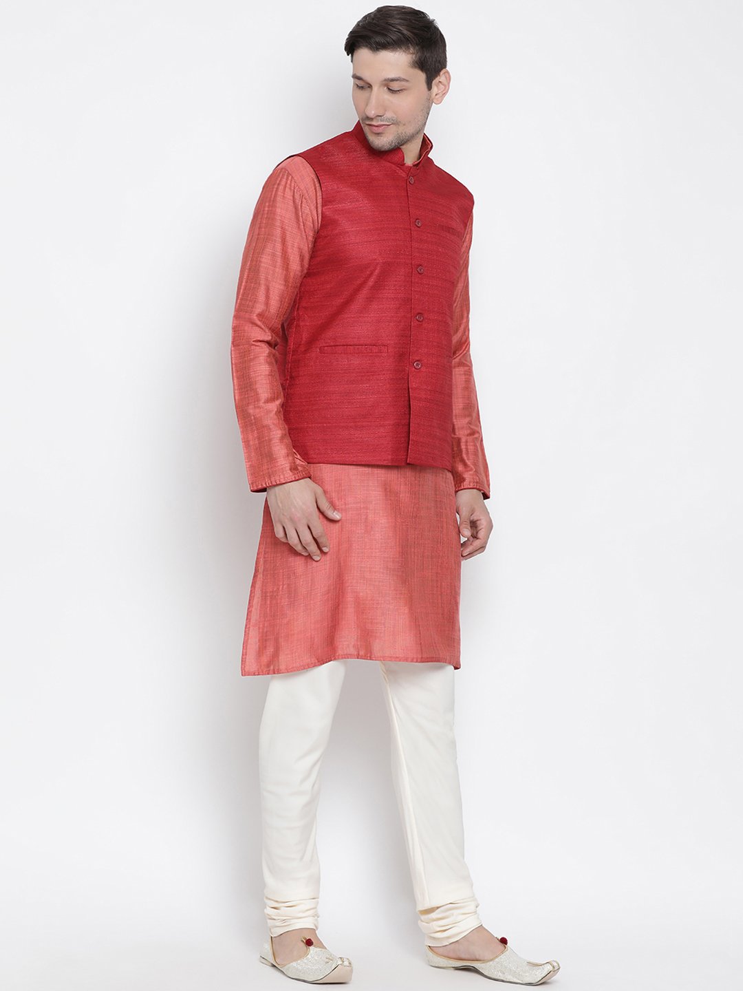 Men's Pink Cotton Silk Blend Kurta, Ethnic Jacket and Pyjama Set