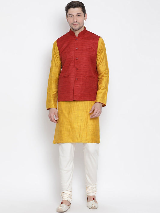 Men's Yellow Cotton Silk Blend Kurta, Ethnic Jacket and Pyjama Set