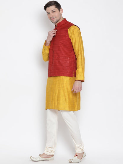 Men's Yellow Cotton Silk Blend Kurta, Ethnic Jacket and Pyjama Set