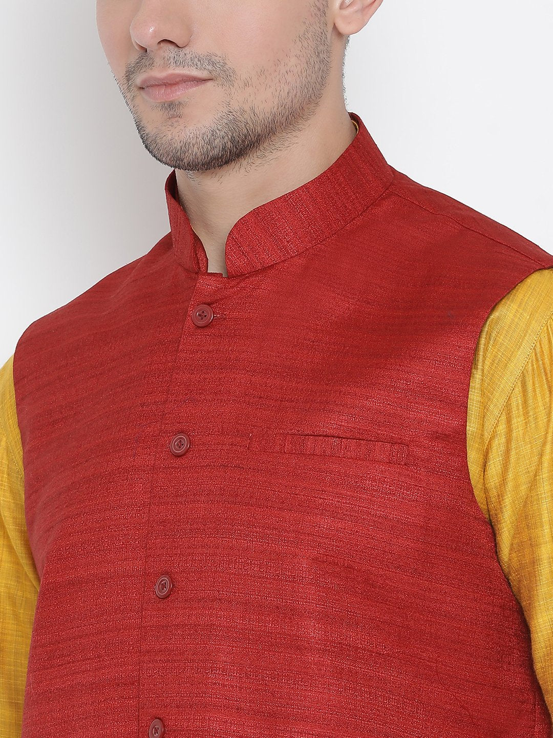 Men's Yellow Cotton Silk Blend Kurta, Ethnic Jacket and Pyjama Set