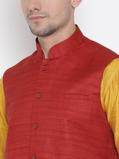 Men's Yellow Cotton Silk Blend Kurta, Ethnic Jacket and Pyjama Set