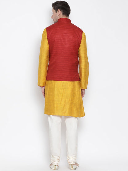 Men's Yellow Cotton Silk Blend Kurta, Ethnic Jacket and Pyjama Set