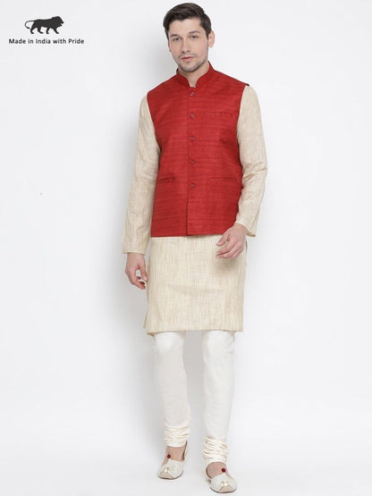 Men's Beige Cotton Silk Blend Kurta, Ethnic Jacket and Pyjama Set