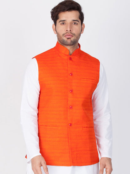 Men's Orange Cotton Blend Ethnic Jacket