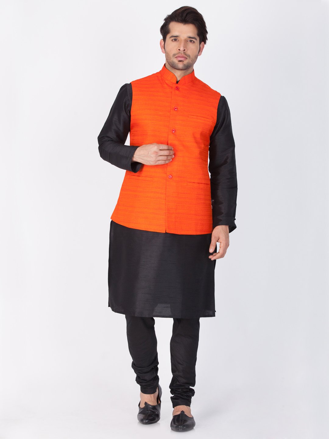 Men's Black Cotton Silk Blend Kurta, Ethnic Jacket and Pyjama Set