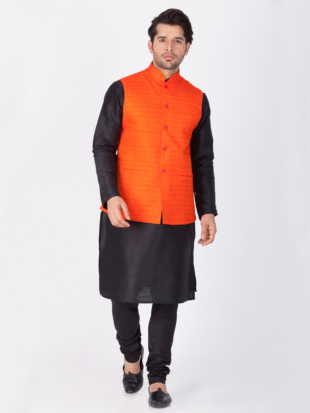 Men's Black Cotton Silk Blend Kurta, Ethnic Jacket and Pyjama Set