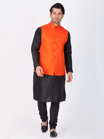 Men's Black Cotton Silk Blend Kurta, Ethnic Jacket and Pyjama Set