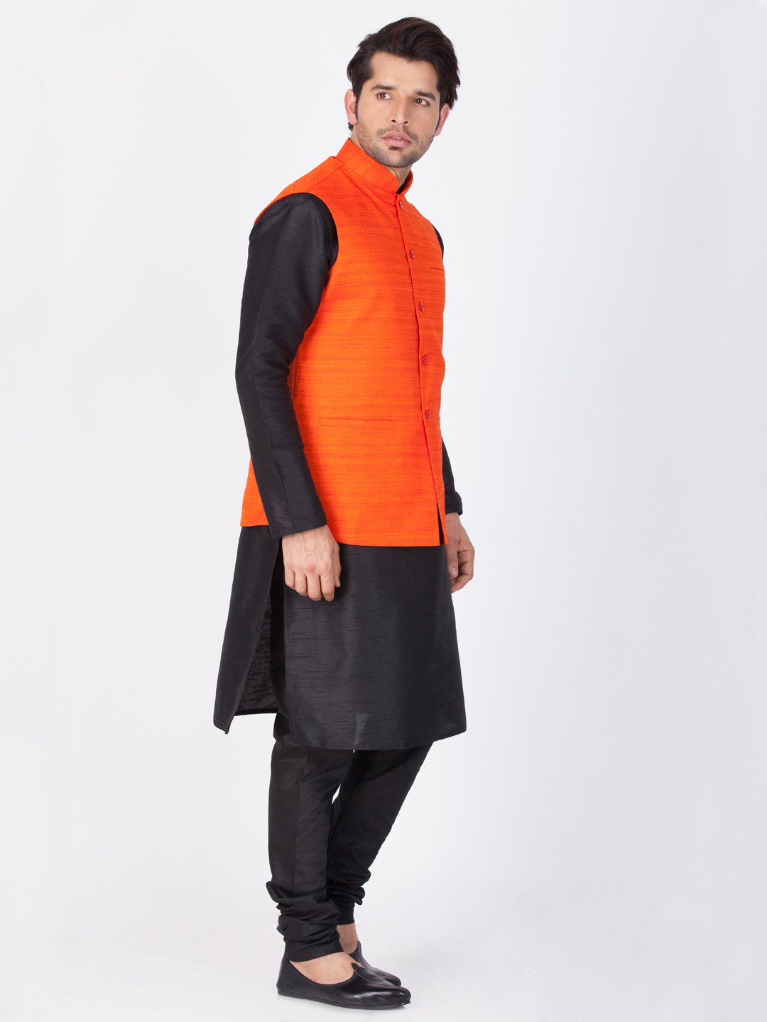 Men's Black Cotton Silk Blend Kurta, Ethnic Jacket and Pyjama Set