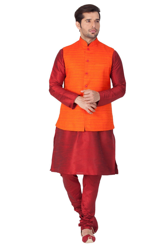 Men's Maroon Cotton Silk Blend Kurta, Ethnic Jacket and Pyjama Set