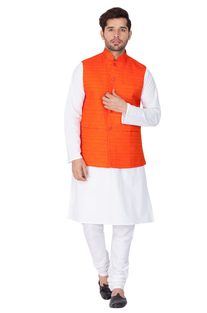 Men's White Cotton Blend Kurta, Ethnic Jacket and Pyjama Set