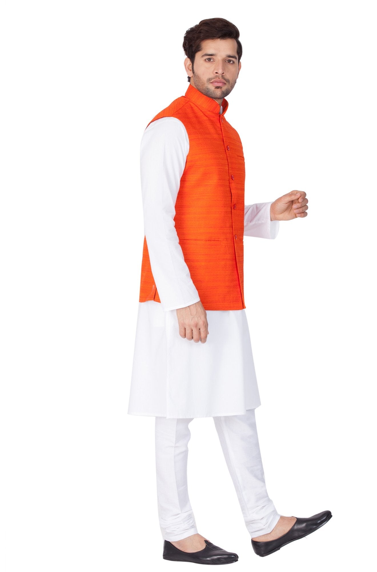 Men's White Cotton Blend Kurta, Ethnic Jacket and Pyjama Set