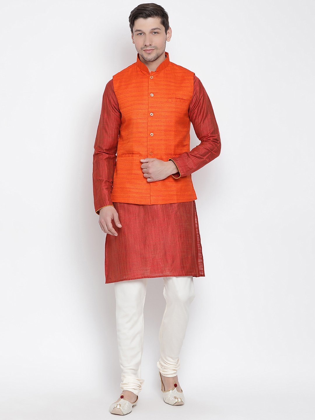 Men's Maroon Cotton Silk Blend Kurta, Ethnic Jacket and Pyjama Set