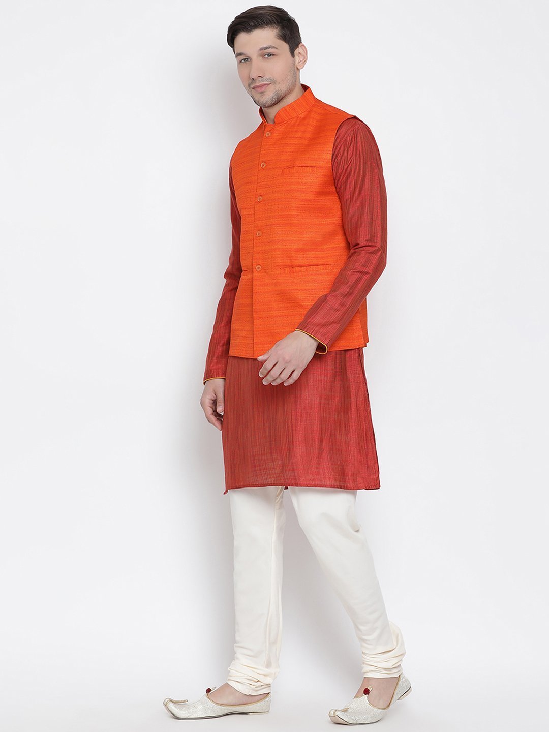 Men's Maroon Cotton Silk Blend Kurta, Ethnic Jacket and Pyjama Set