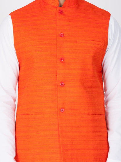 Men's Orange Cotton Blend Ethnic Jacket