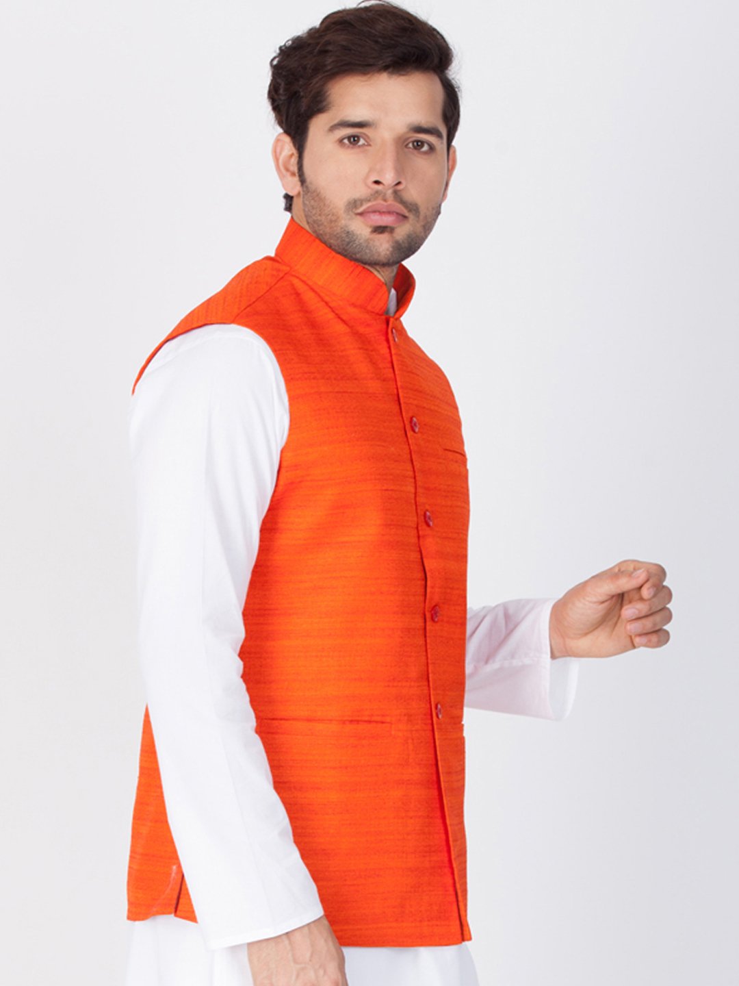 Men's Orange Cotton Blend Ethnic Jacket