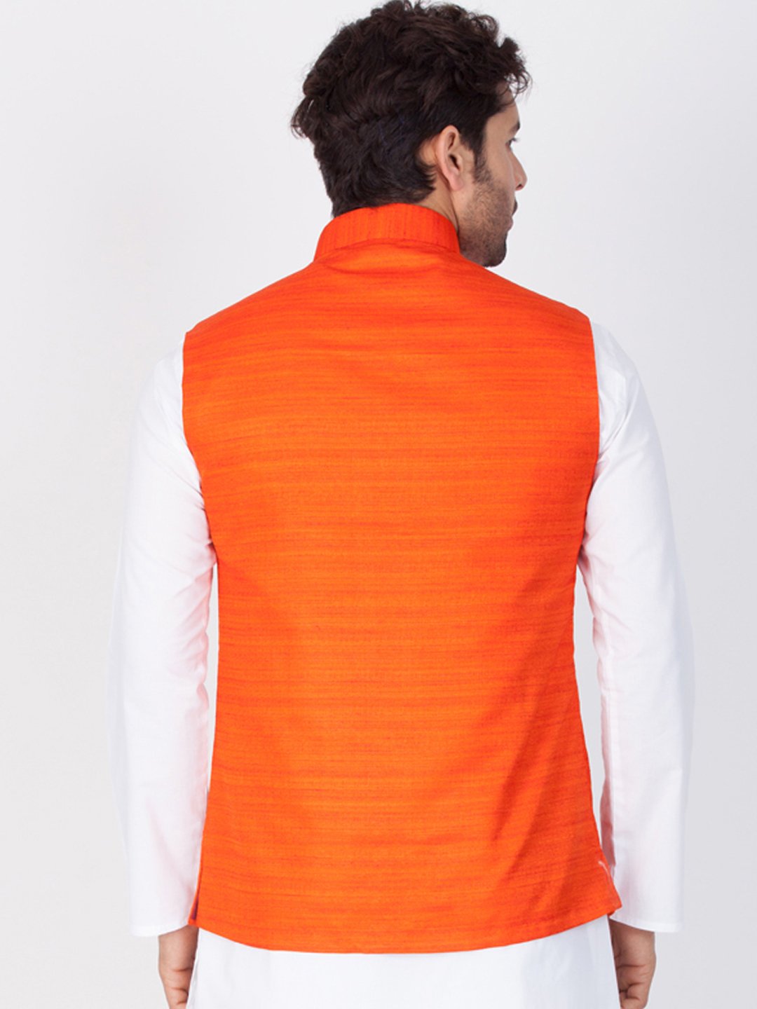 Men's Orange Cotton Blend Ethnic Jacket