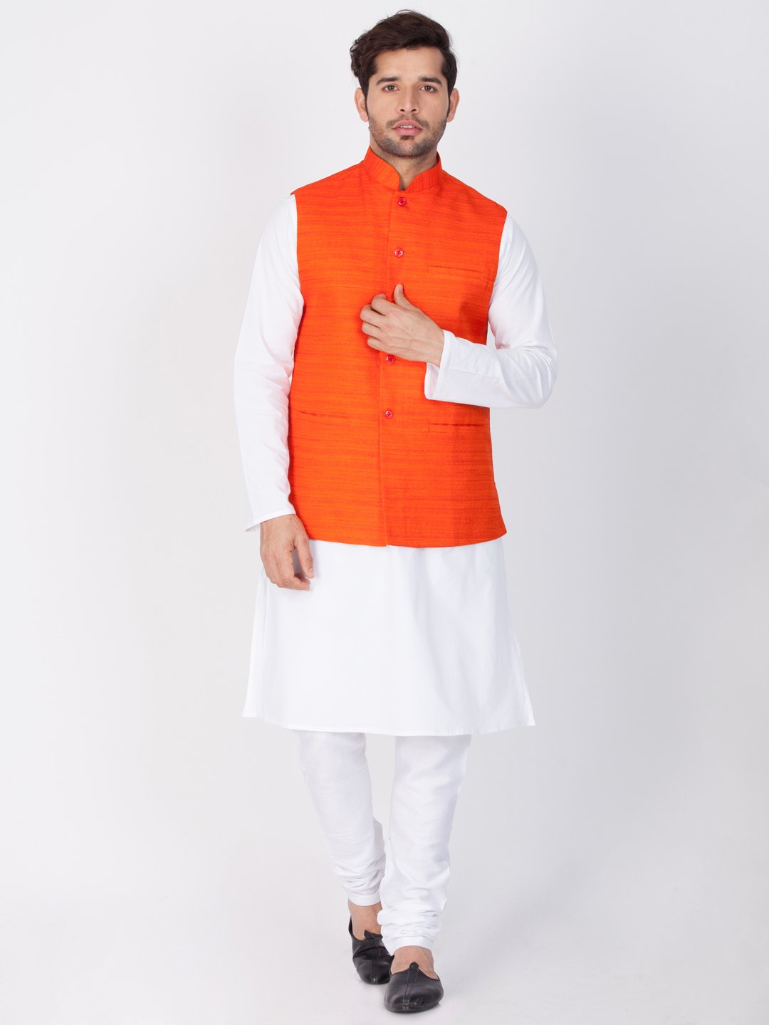 Men's Orange Cotton Blend Ethnic Jacket