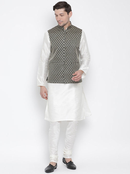 Men's White Cotton Silk Blend Kurta, Ethnic Jacket and Pyjama Set