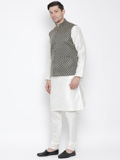 Men's White Cotton Silk Blend Kurta, Ethnic Jacket and Pyjama Set