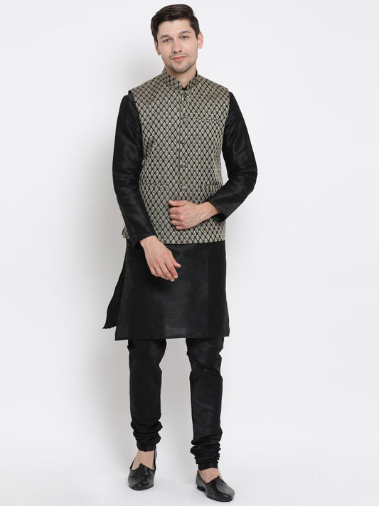 Men's Black Cotton Silk Blend Kurta, Ethnic Jacket and Pyjama Set