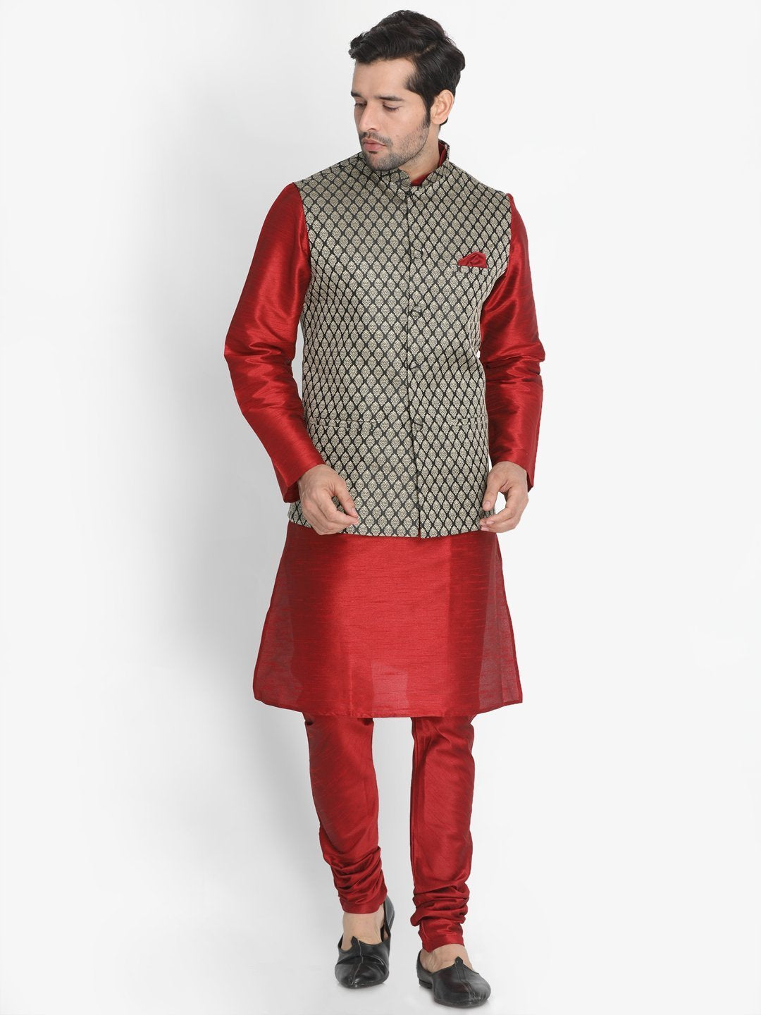 Men's Maroon Cotton Silk Blend Kurta, Ethnic Jacket and Pyjama Set