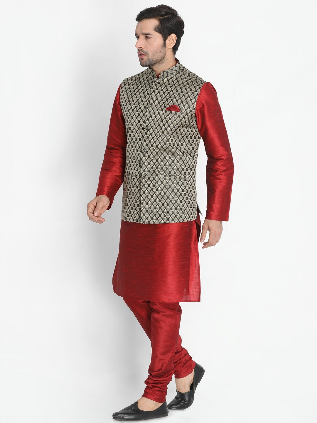 Men's Maroon Cotton Silk Blend Kurta, Ethnic Jacket and Pyjama Set