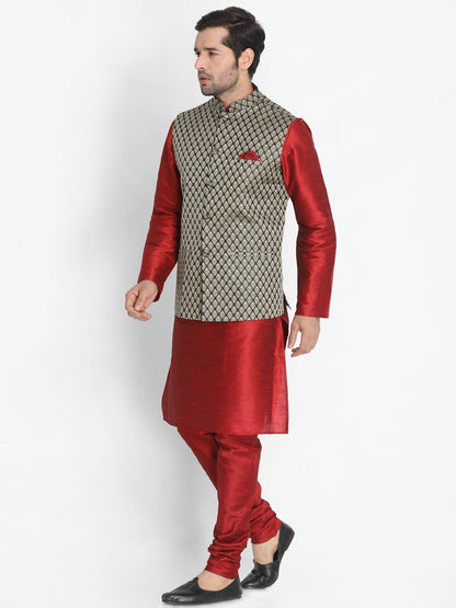 Men's Maroon Cotton Silk Blend Kurta, Ethnic Jacket and Pyjama Set