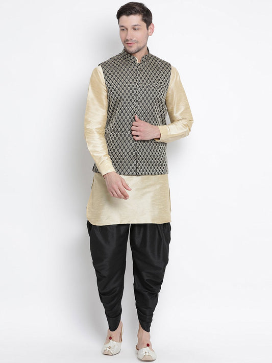 Men's Gold Cotton Silk Blend Ethnic Jacket, Kurta and Dhoti Pant Set