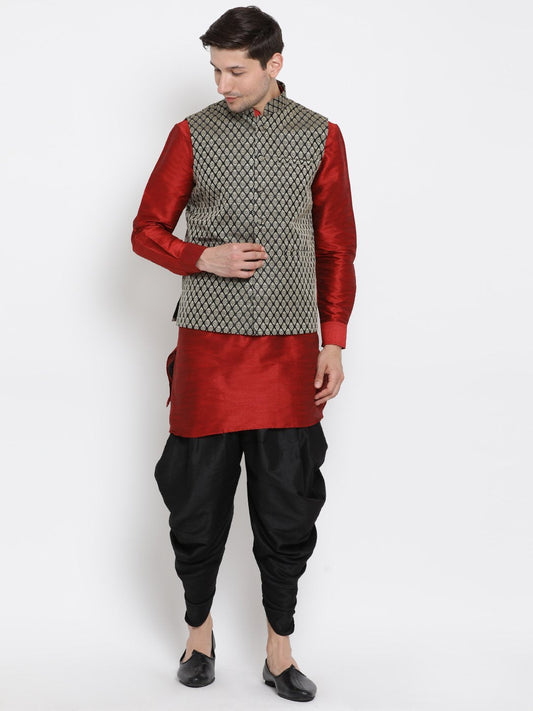 Men's Maroon Cotton Silk Blend Ethnic Jacket, Kurta and Dhoti Pant Set