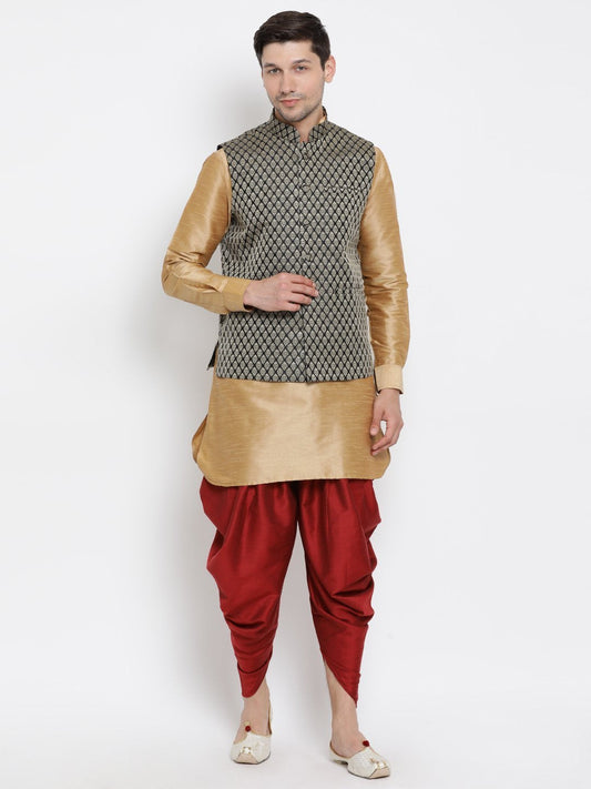 Men's Gold Cotton Silk Blend Ethnic Jacket, Kurta and Dhoti Pant Set