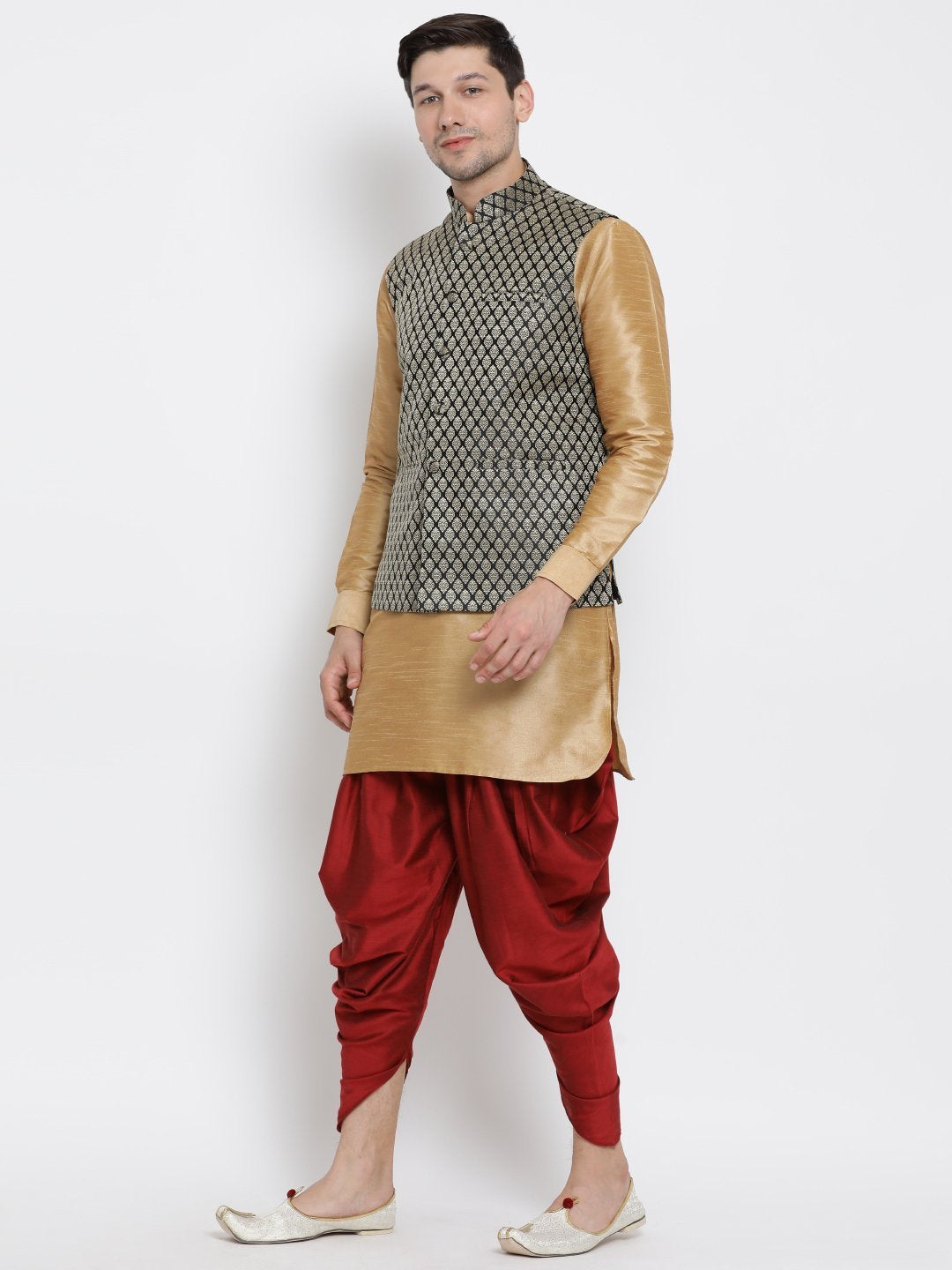 Men's Gold Cotton Silk Blend Ethnic Jacket, Kurta and Dhoti Pant Set