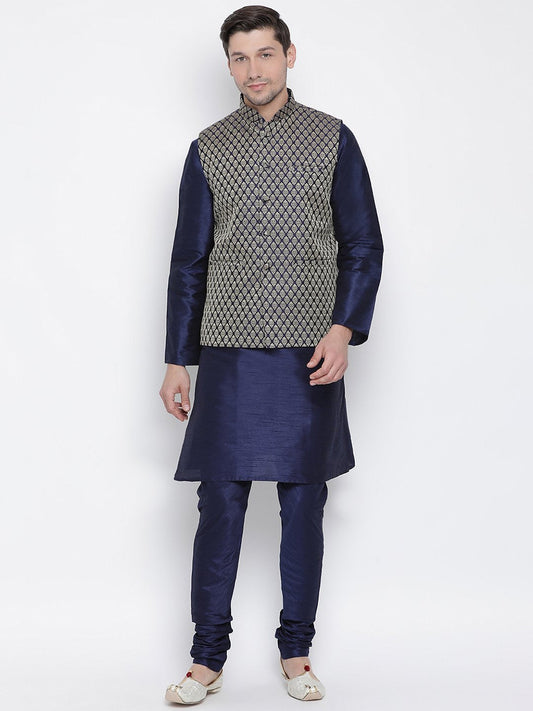 Men's Dark Blue Cotton Silk Blend Kurta, Ethnic Jacket and Pyjama Set