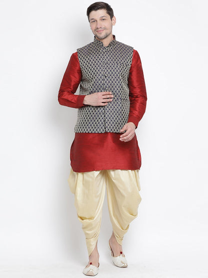 Men's Maroon Cotton Silk Blend Ethnic Jacket, Kurta and Dhoti Pant Set