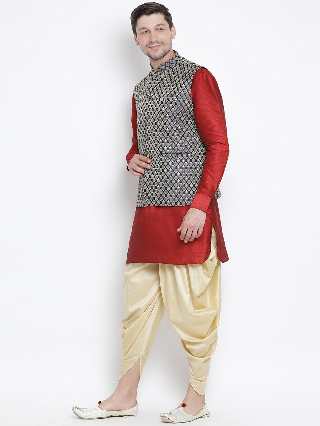 Men's Maroon Cotton Silk Blend Ethnic Jacket, Kurta and Dhoti Pant Set