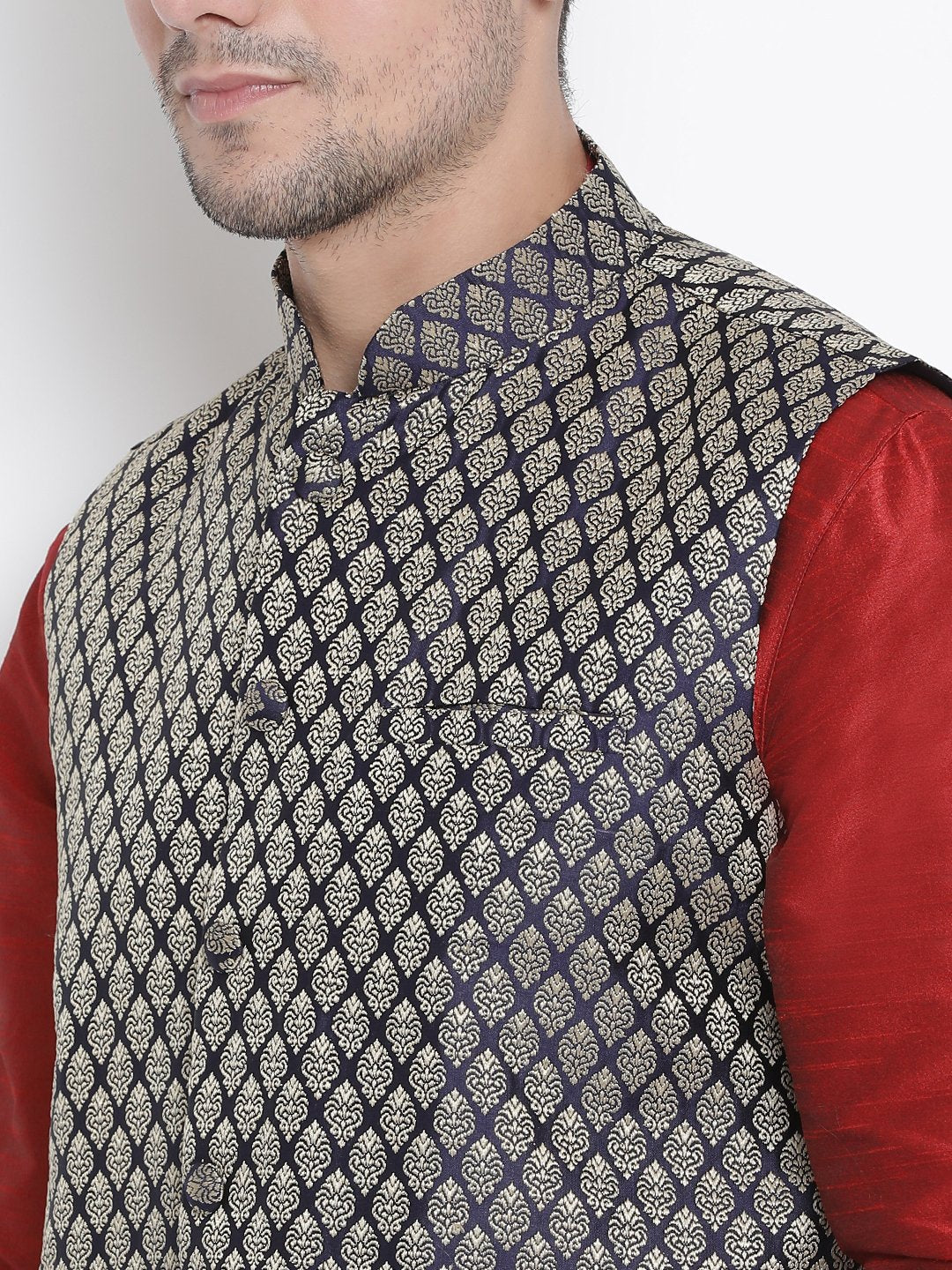 Men's Maroon Cotton Silk Blend Ethnic Jacket, Kurta and Dhoti Pant Set