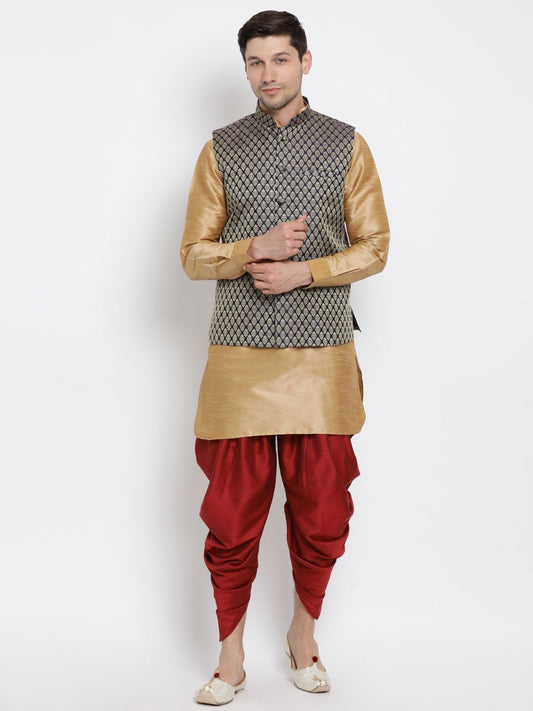 Men's Gold Cotton Silk Blend Ethnic Jacket, Kurta and Dhoti Pant Set