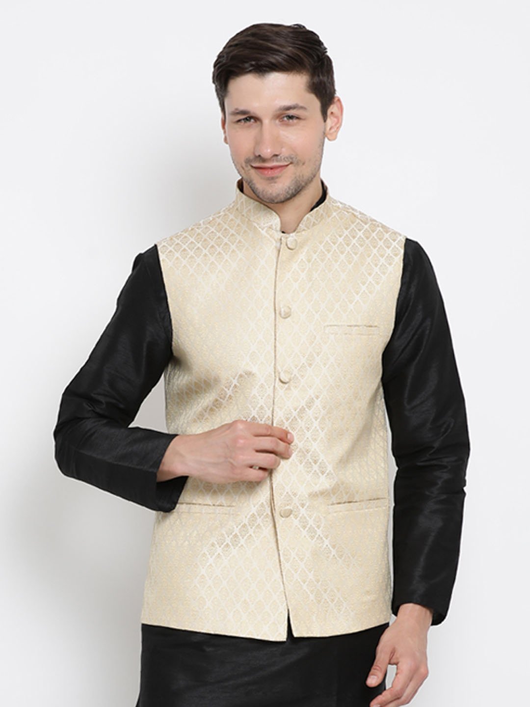 Men's White Cotton Silk Blend Ethnic Jacket