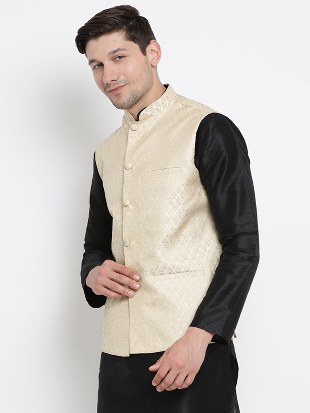 Men's White Cotton Silk Blend Ethnic Jacket