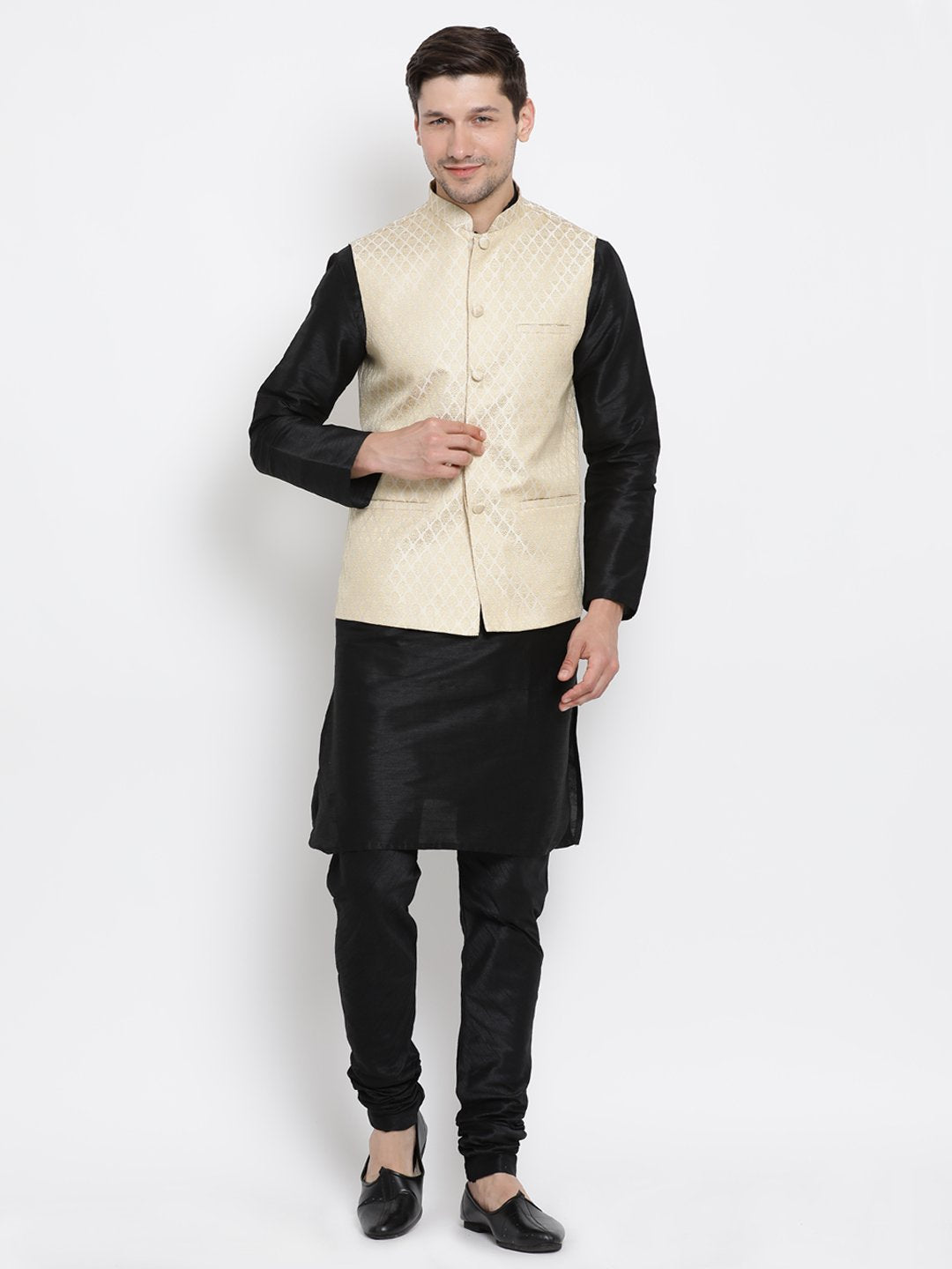 Men's White Cotton Silk Blend Ethnic Jacket