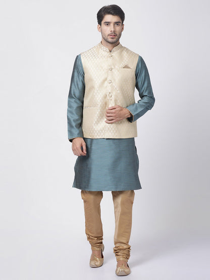 Men's Light Blue Cotton Silk Blend Kurta, Ethnic Jacket and Pyjama Set